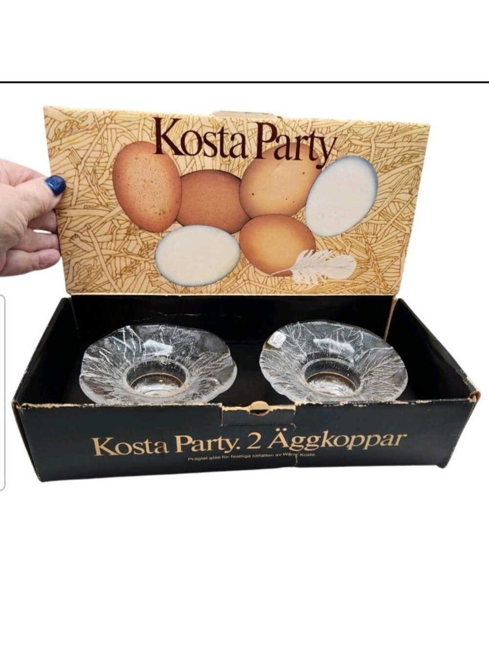 Kosta Party Crystal Egg Cups Set 2 Göran Warff Sweden Leaf Glass Box